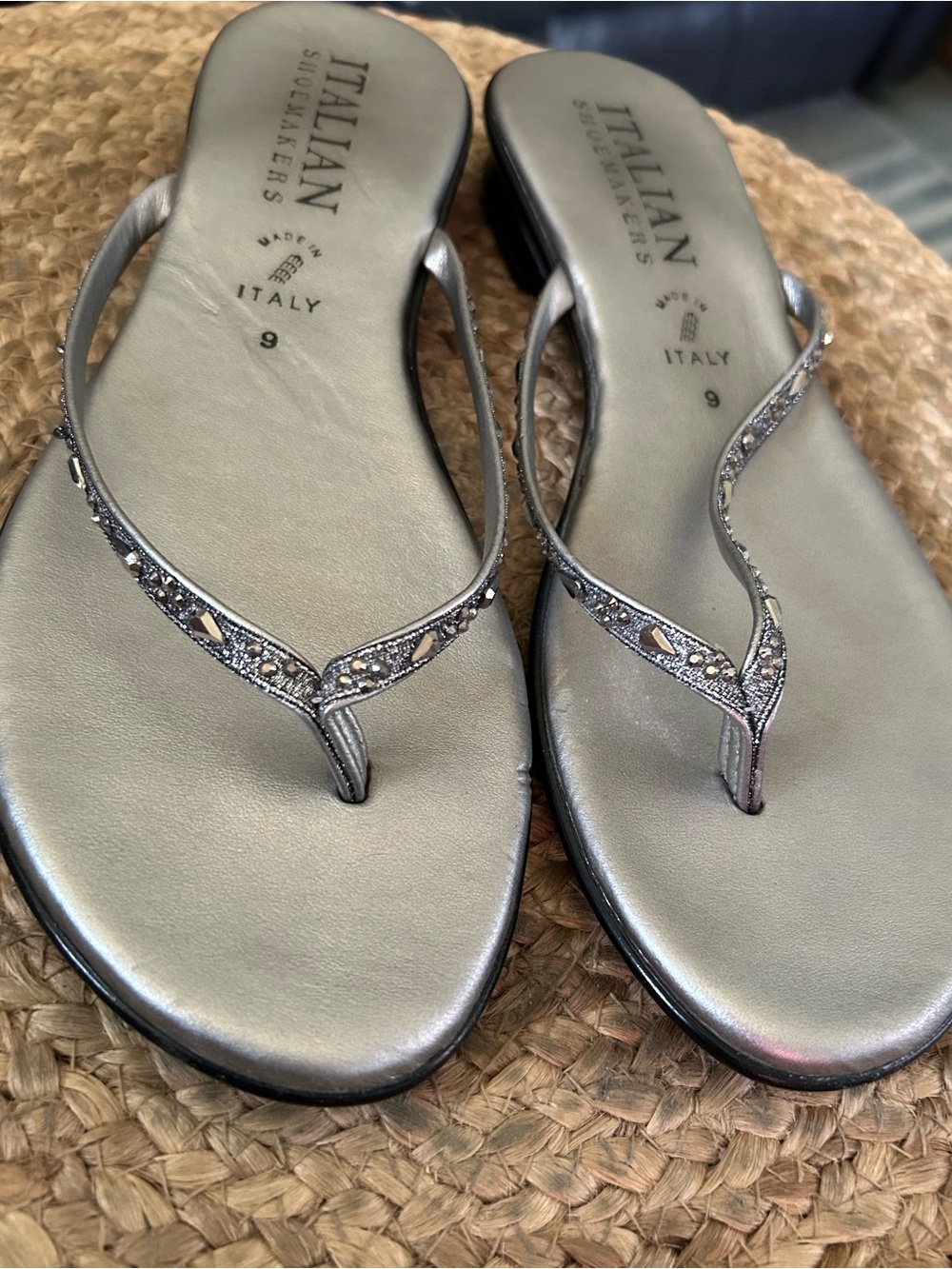Italian Shoemakers Metallic Silver Jeweled Thong Sandals